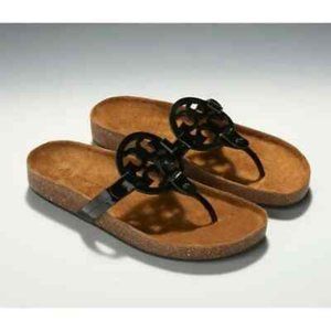 TORY BURCH Miller Cloud Cork Sandals Black Patent Leather 9 NIB